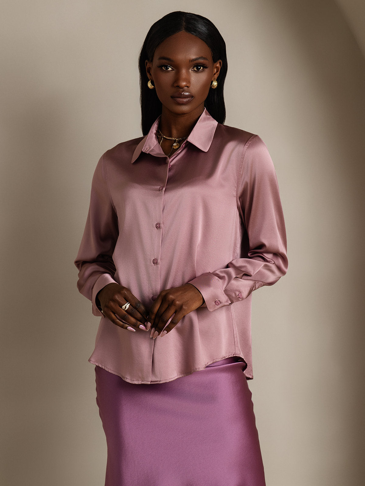 19Momme Silk Long Sleeve Lapel Collar Women's Shirt with Button Up Design