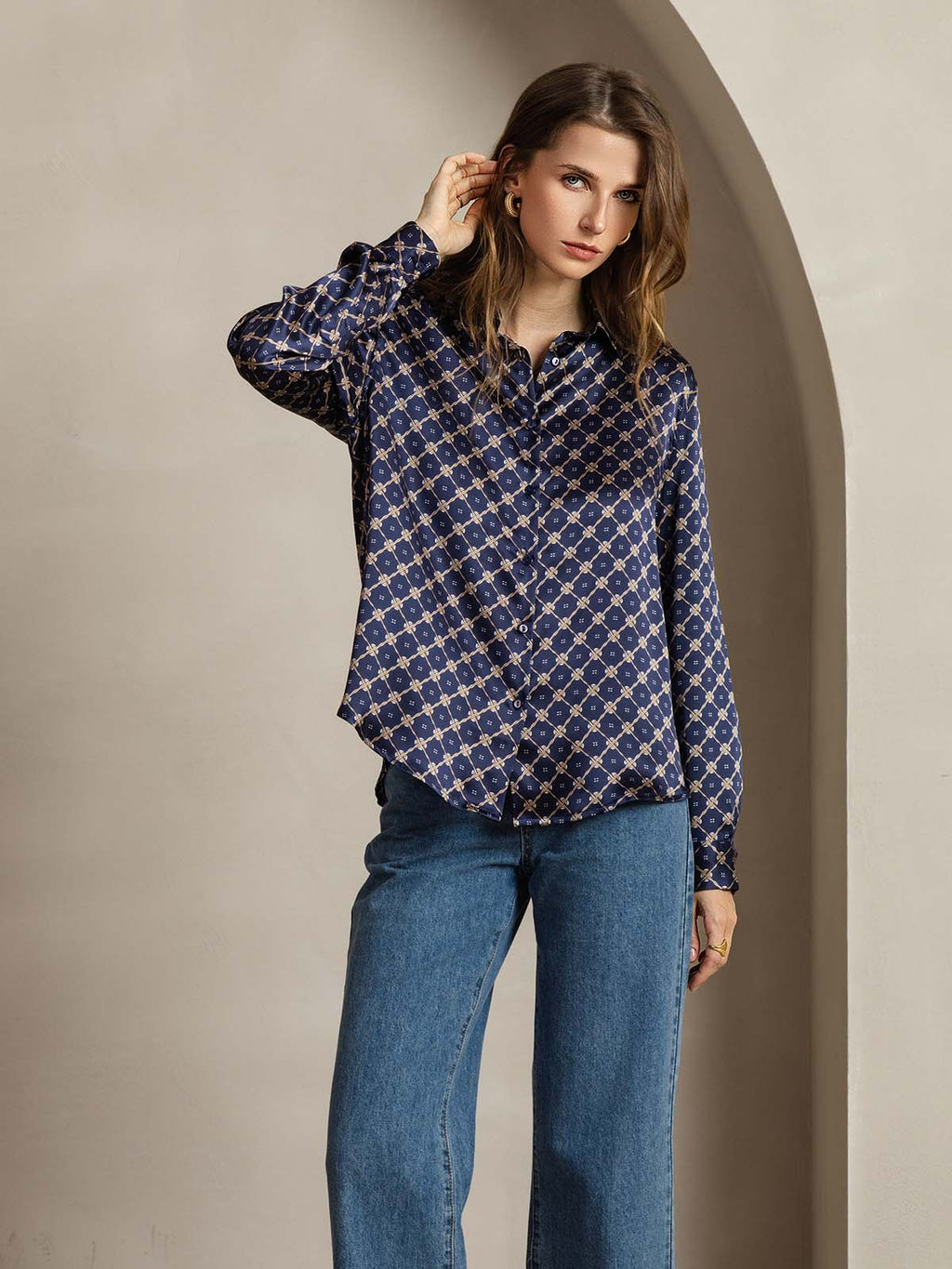 19Momme Silk Long Sleeve Lapel Collar Women's Shirt with Button Up Design