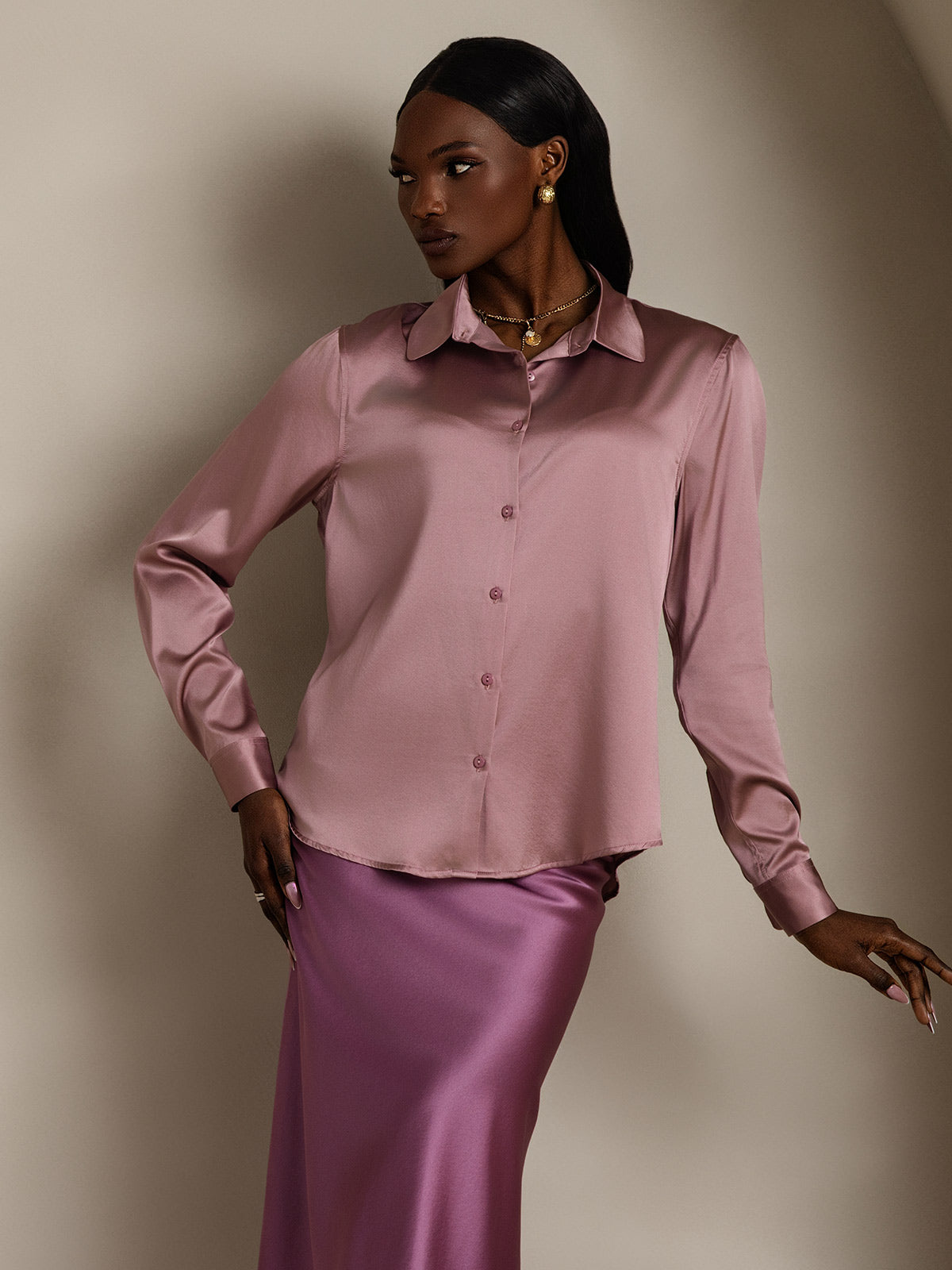 19Momme Silk Long Sleeve Lapel Collar Women's Shirt with Button Up Design