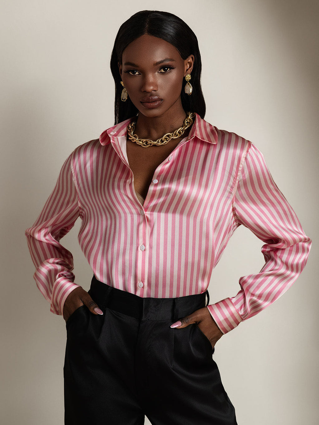 19Momme Silk Long Sleeve Lapel Collar Women's Shirt with Button Up Design