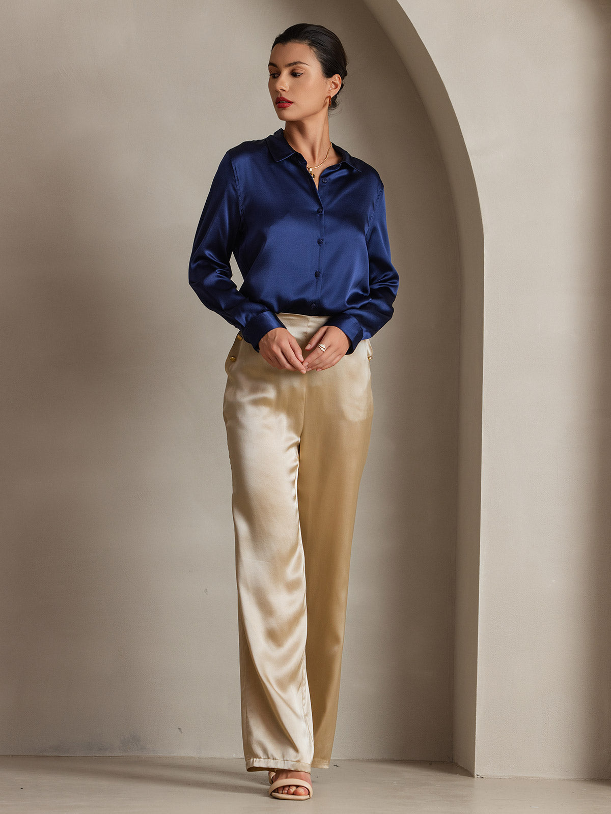 19Momme Silk Long Sleeve Lapel Collar Women's Shirt with Button Up Design