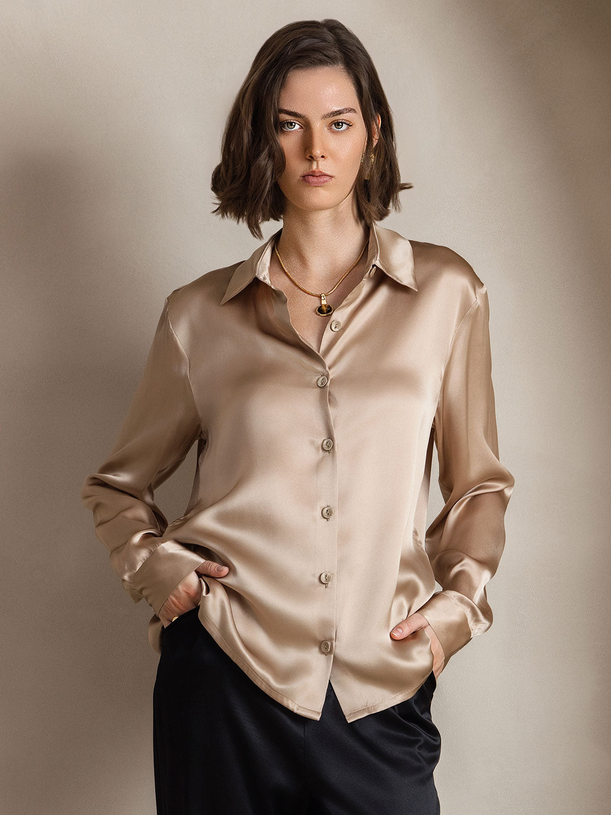 19Momme Silk Long Sleeve Lapel Collar Women's Shirt with Button Up Design