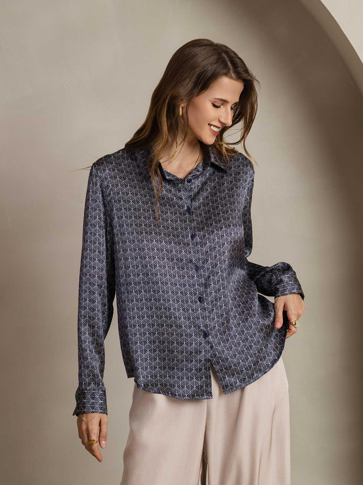 19Momme Silk Long Sleeve Lapel Collar Women's Shirt with Button Up Design