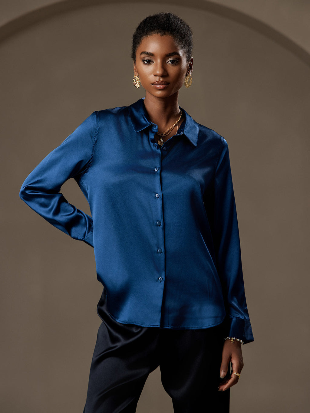 19Momme Silk Long Sleeve Lapel Collar Women's Shirt with Button Up Design