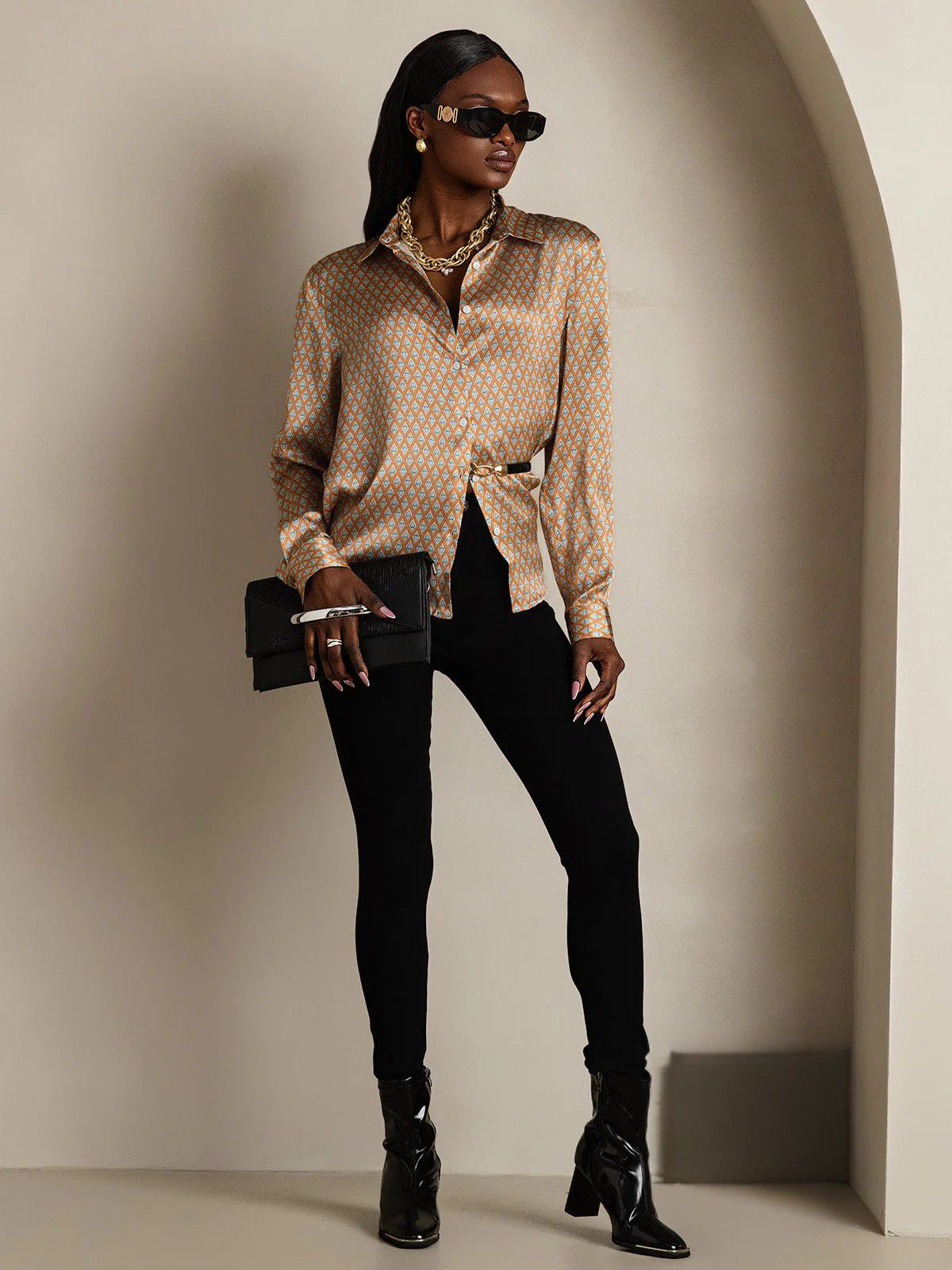 19Momme Silk Long Sleeve Lapel Collar Women's Shirt with Button Up Design