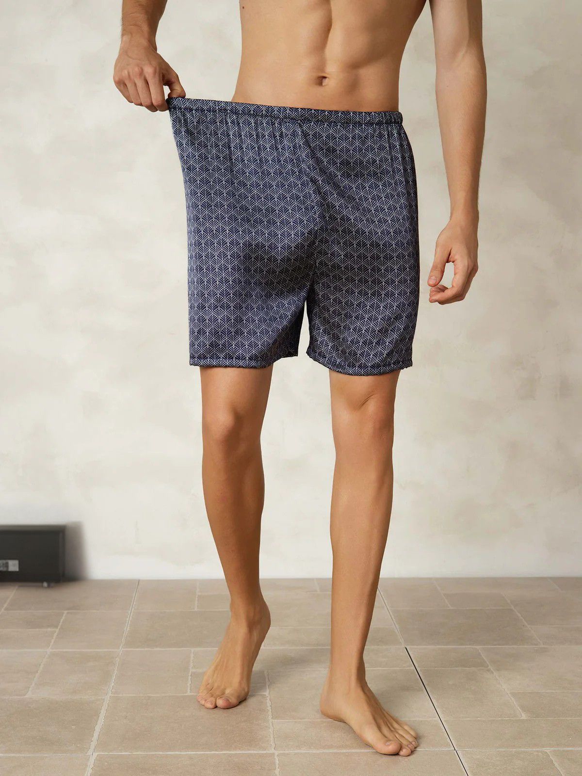 Pure Silk Marine Ginkgo Printed Elastic Waist Night Shorts