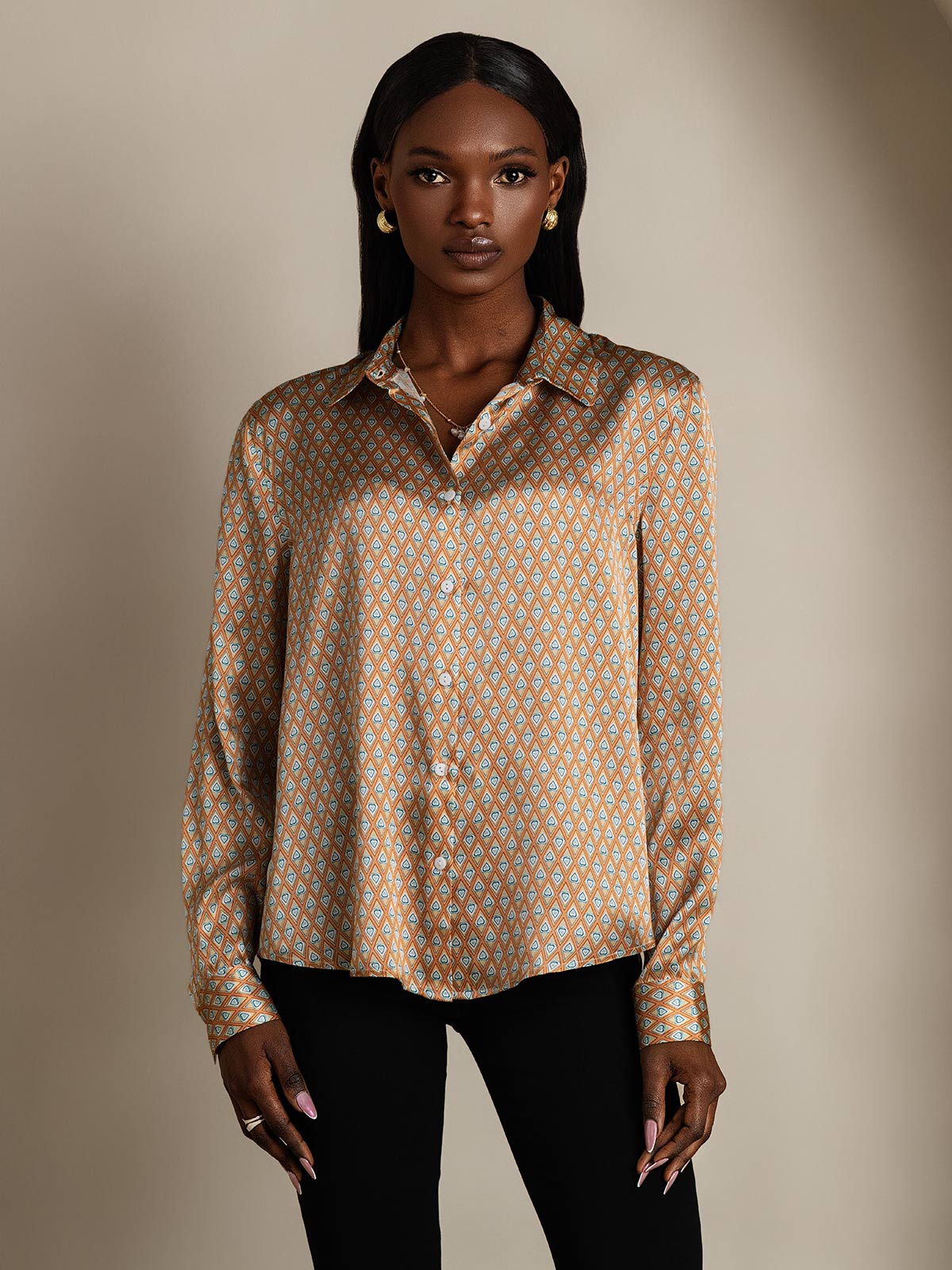 19Momme Silk Long Sleeve Lapel Collar Women's Shirt with Button Up Design