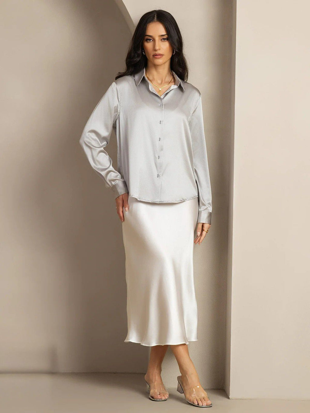 19Momme Silk Long Sleeve Lapel Collar Women's Shirt with Button Up Design