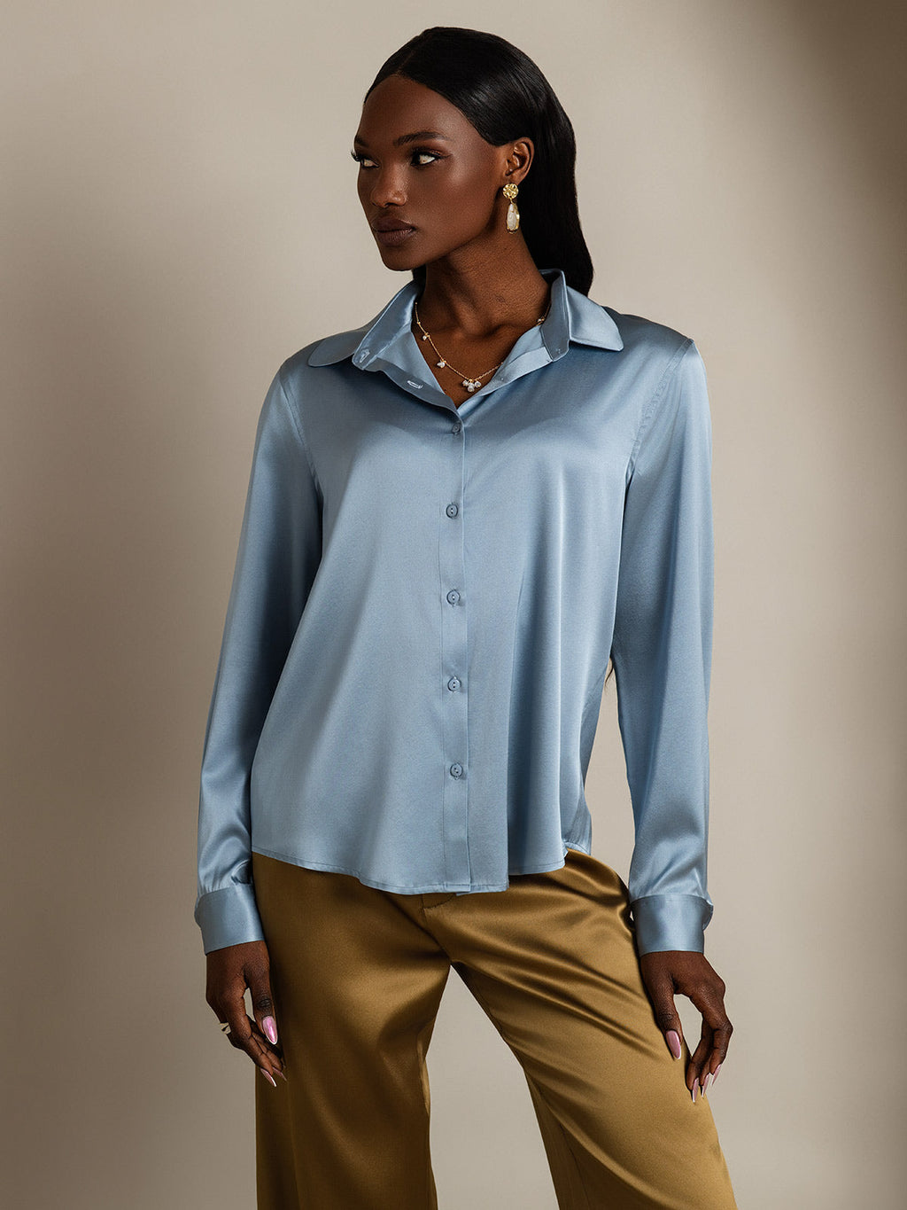 19Momme Silk Long Sleeve Lapel Collar Women's Shirt with Button Up Design
