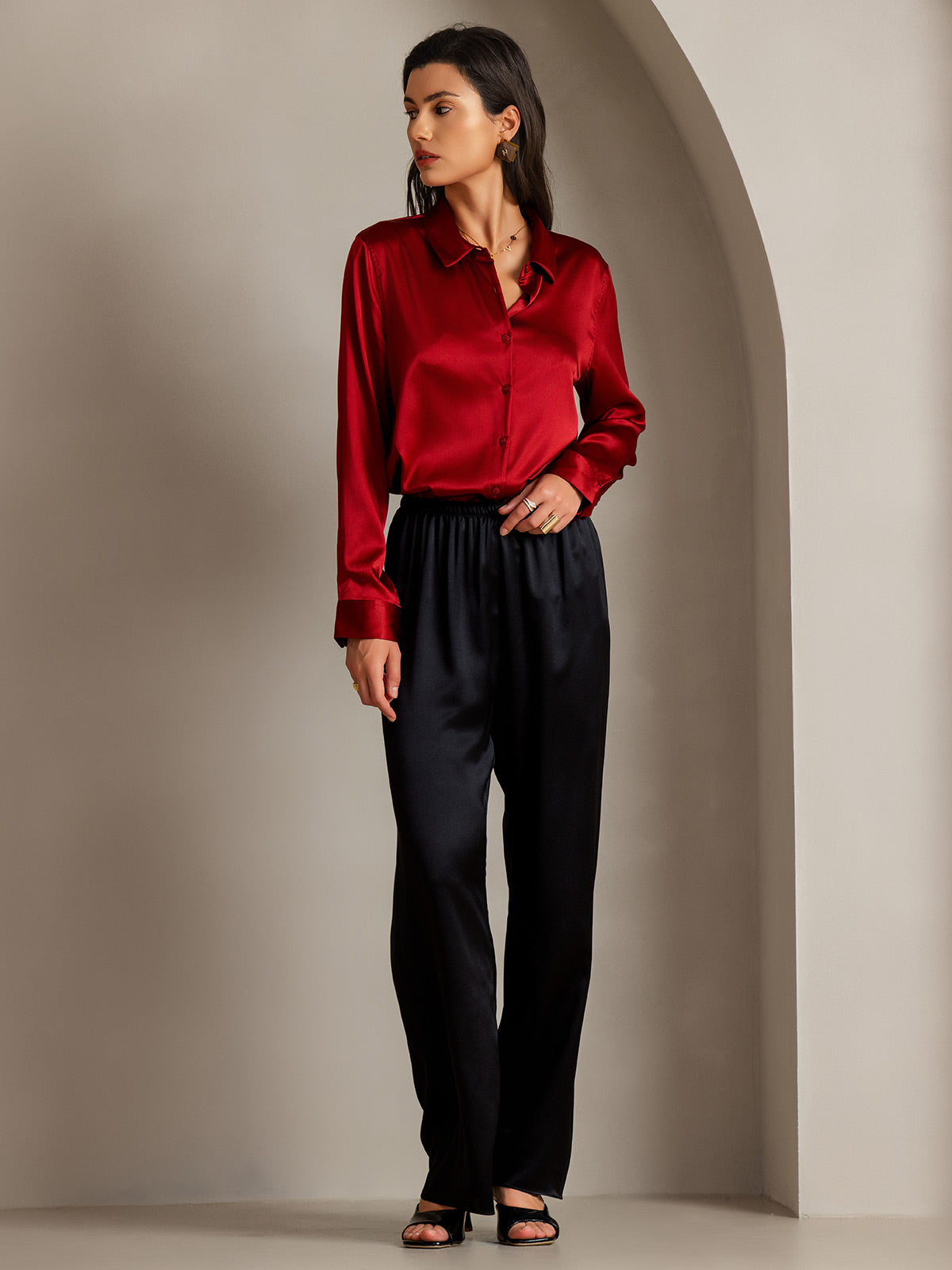 19Momme Silk Long Sleeve Lapel Collar Women's Shirt with Button Up Design