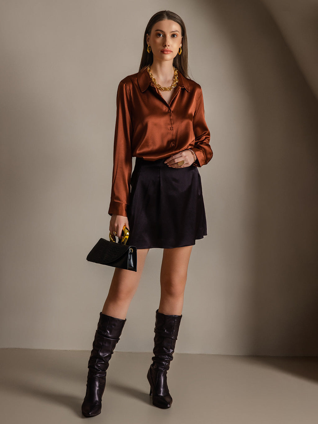 19Momme Silk Long Sleeve Lapel Collar Women's Shirt with Button Up Design