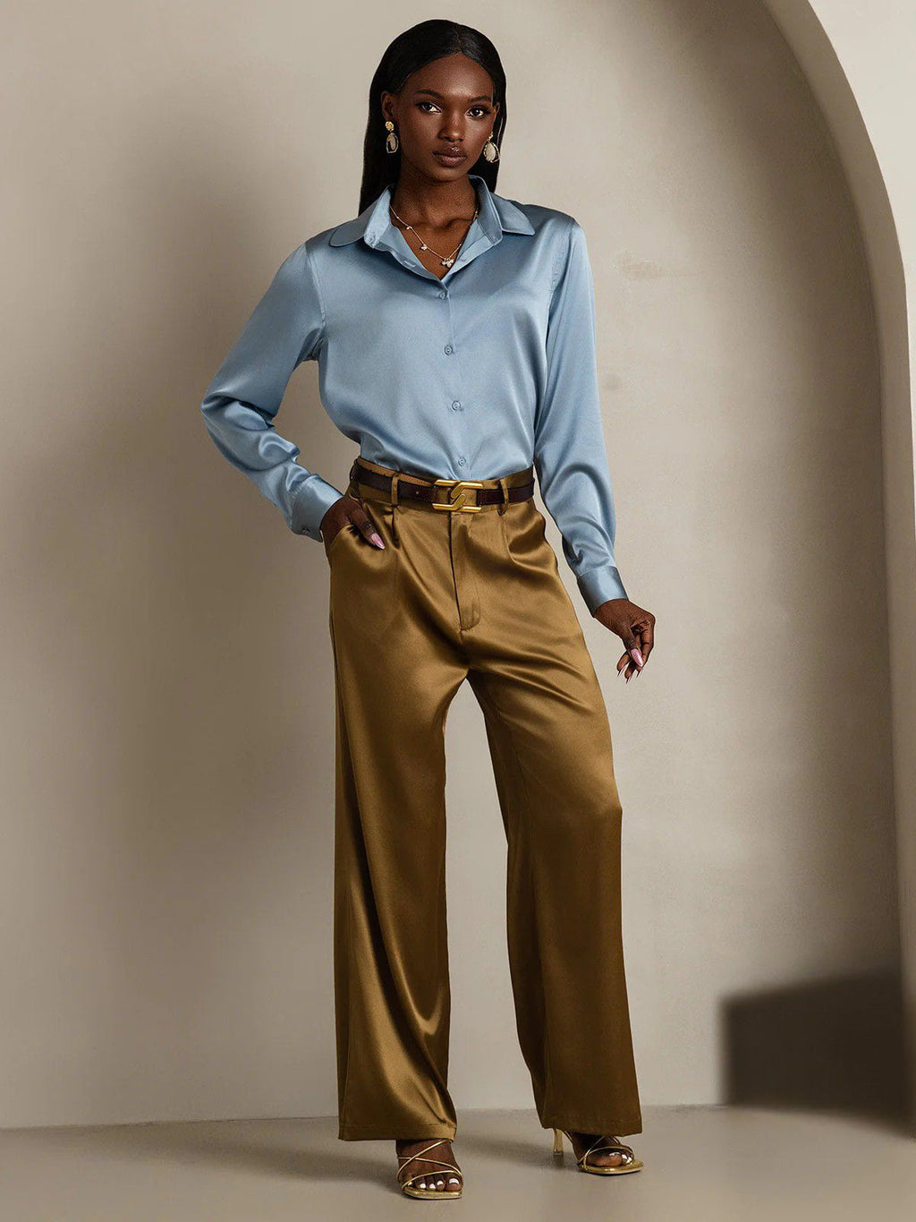 19Momme Silk Long Sleeve Lapel Collar Women's Shirt with Button Up Design