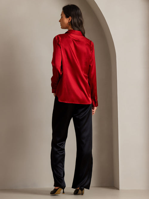 19Momme Silk Long Sleeve Lapel Collar Women's Shirt with Button Up Design
