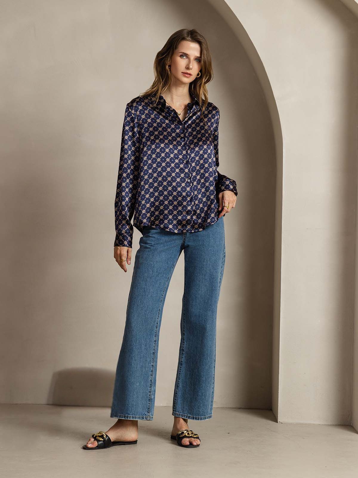 19Momme Silk Long Sleeve Lapel Collar Women's Shirt with Button Up Design