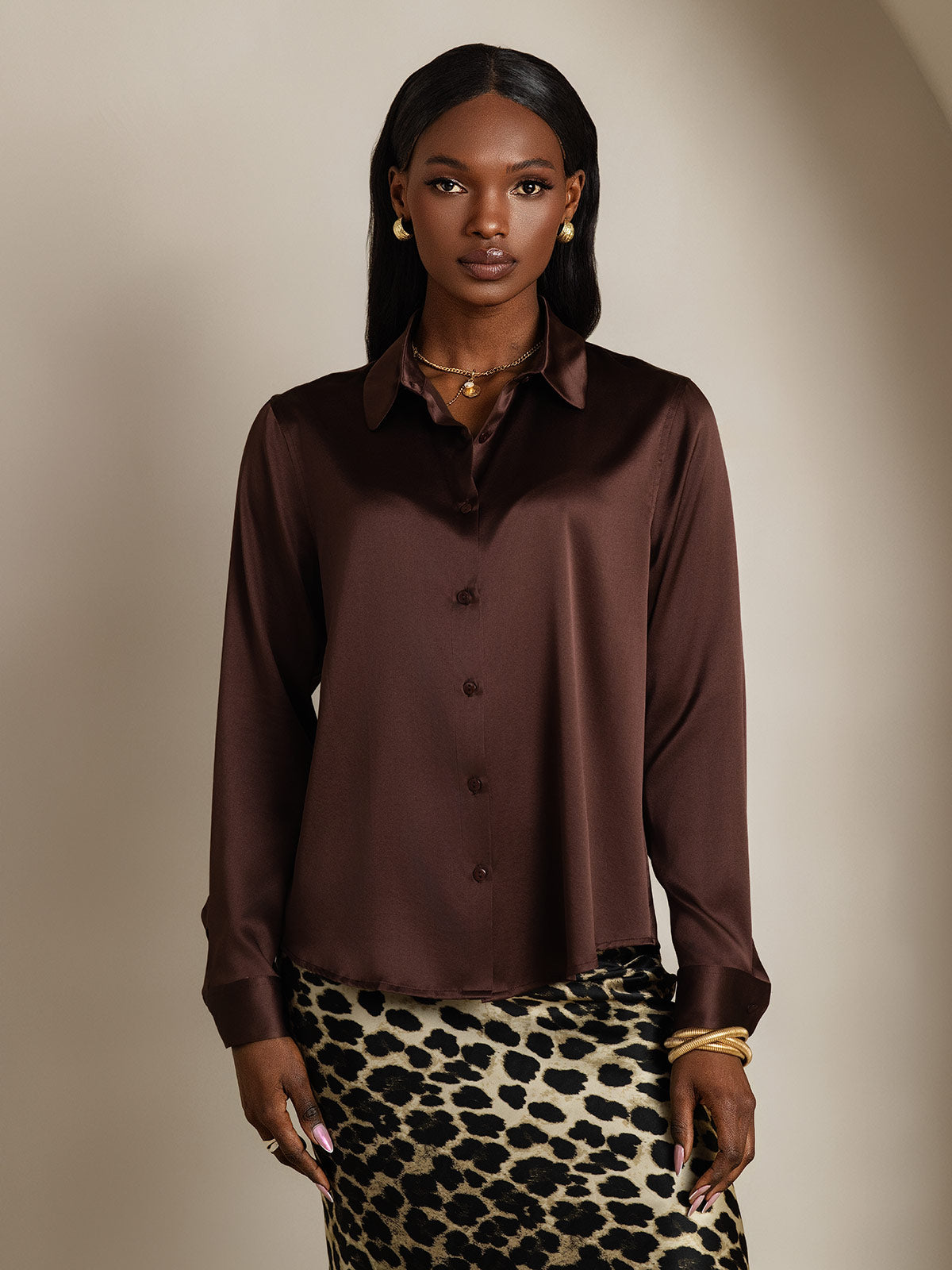 19Momme Silk Long Sleeve Lapel Collar Women's Shirt with Button Up Design