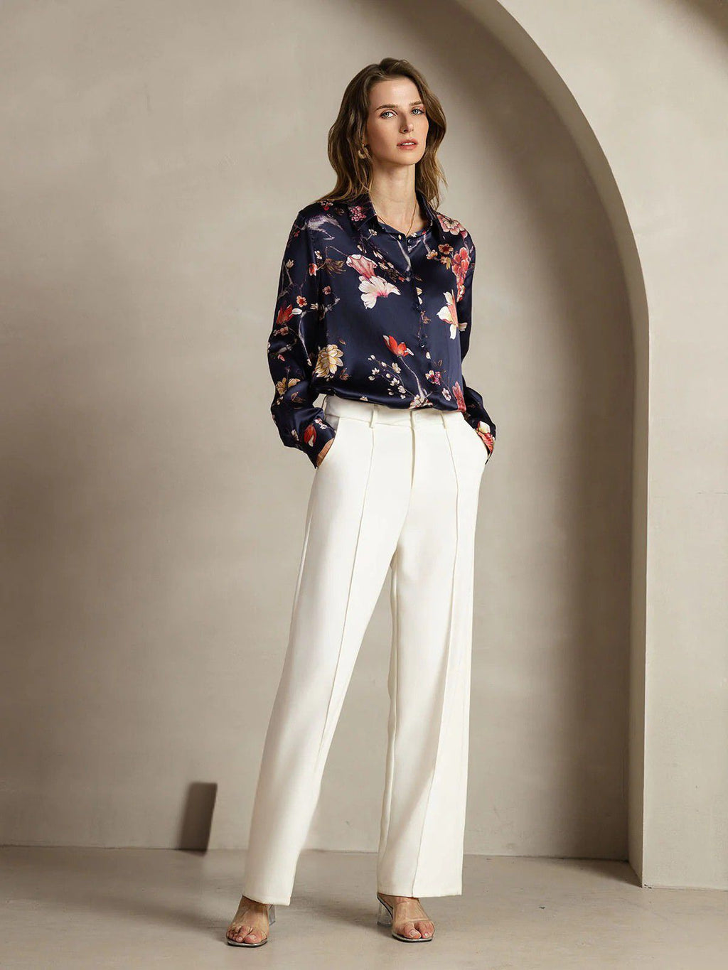 19Momme Silk Long Sleeve Lapel Collar Women's Shirt with Button Up Design