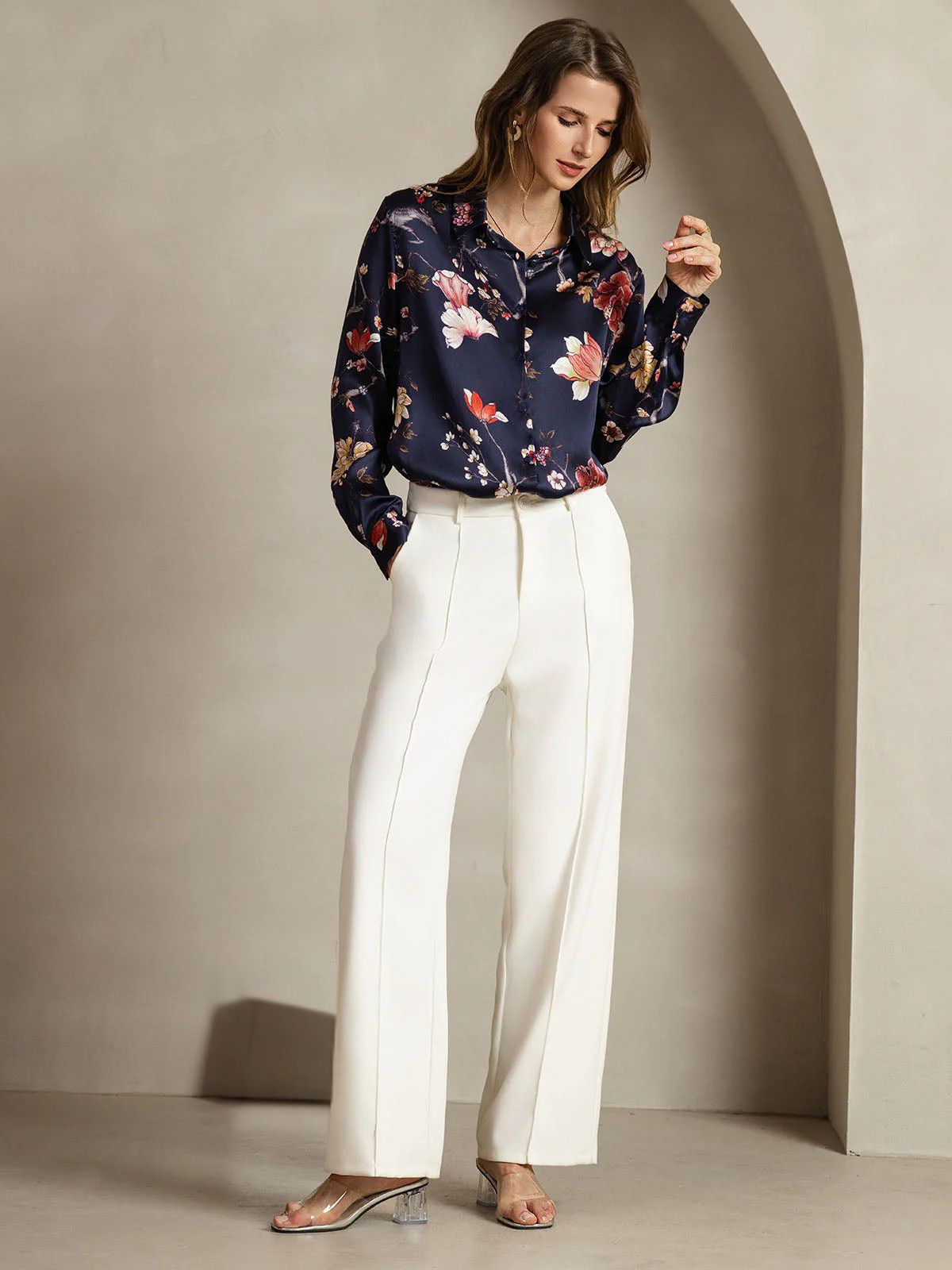 19Momme Silk Long Sleeve Lapel Collar Women's Shirt with Button Up Design