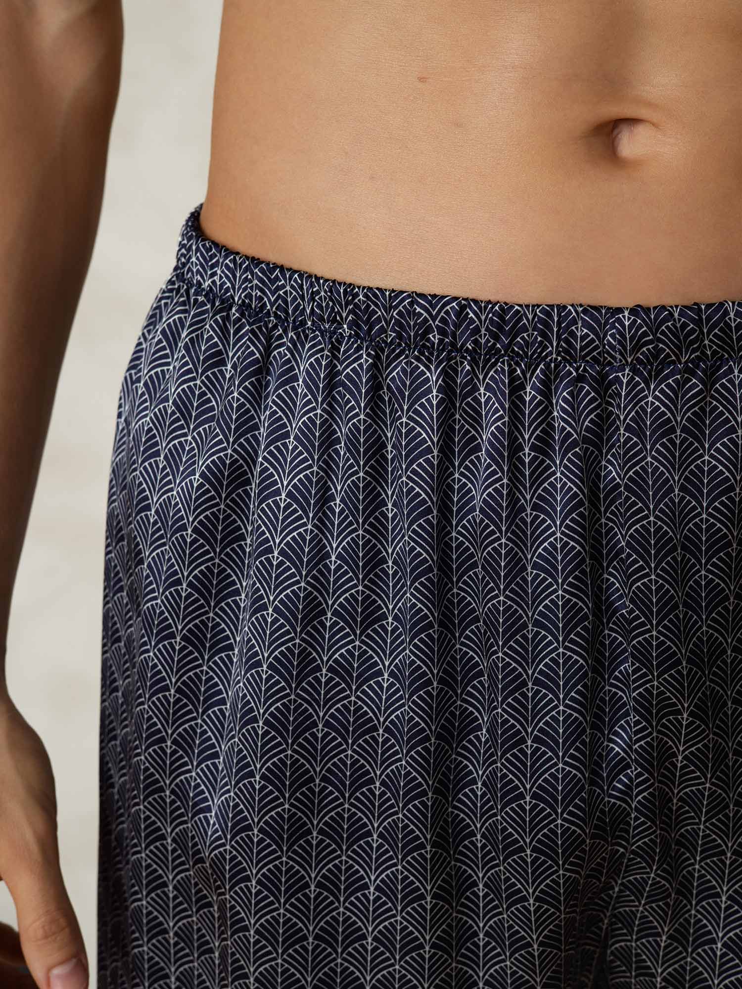 Pure Silk Marine Ginkgo Printed Elastic Waist Night Shorts