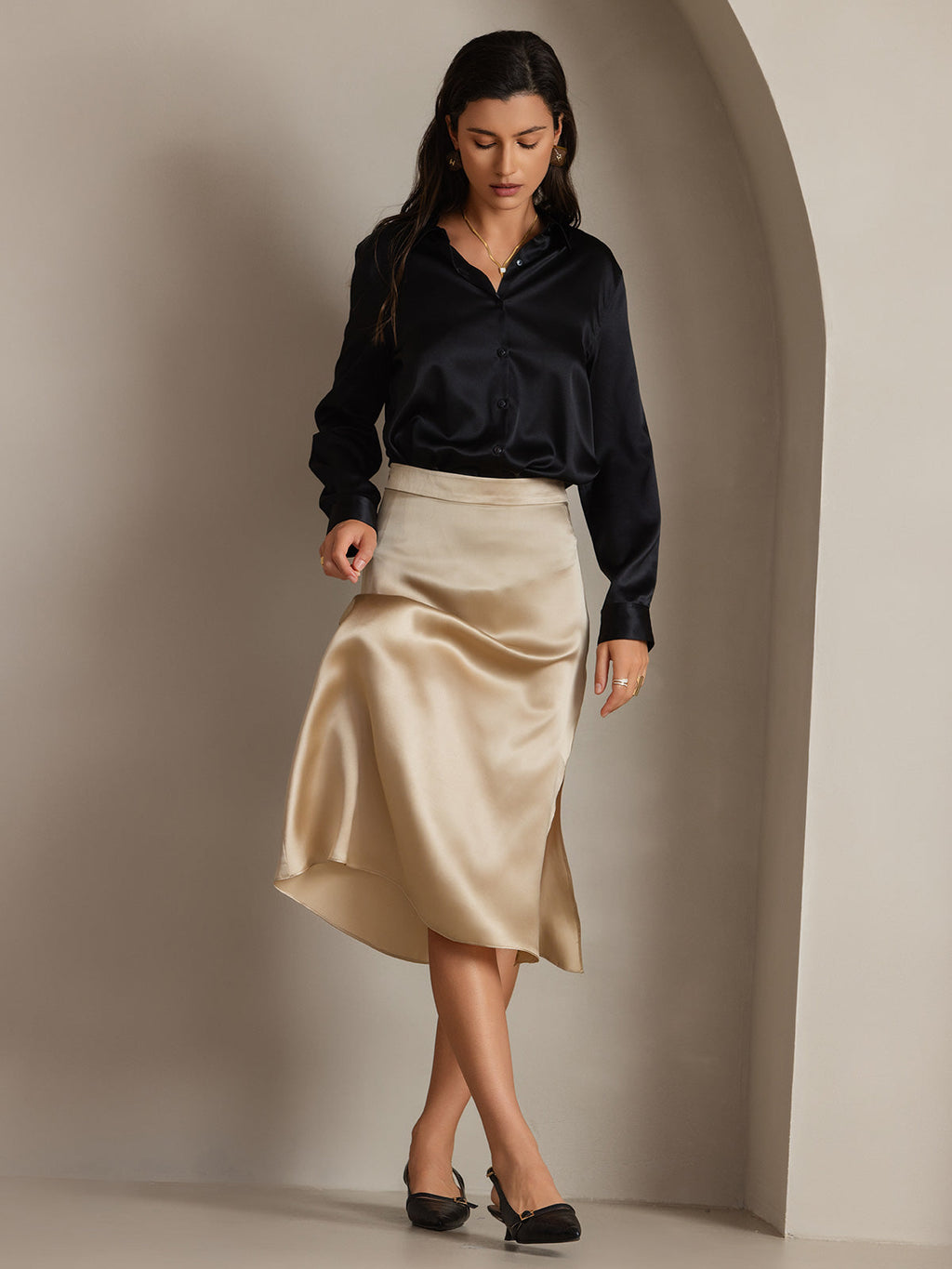 19Momme Silk Long Sleeve Lapel Collar Women's Shirt with Button Up Design