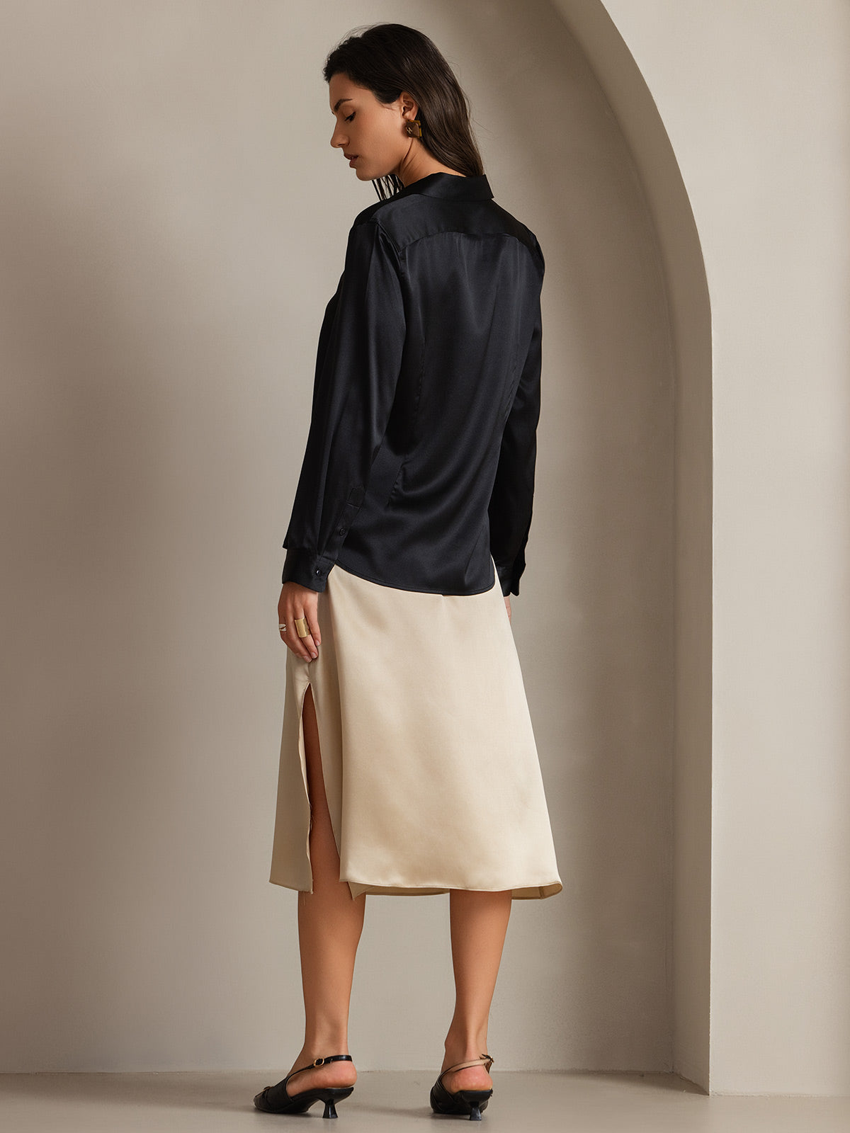 19Momme Silk Long Sleeve Lapel Collar Women's Shirt with Button Up Design