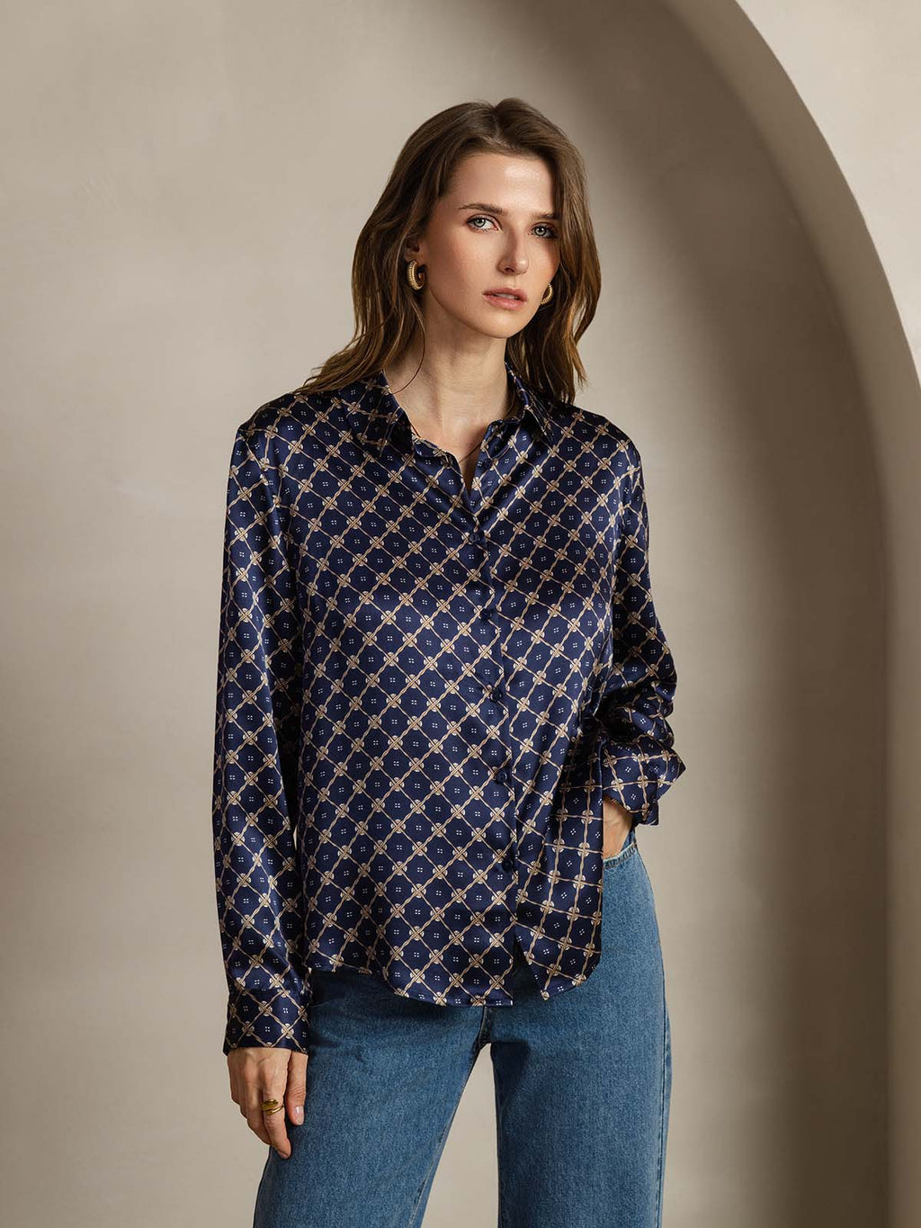 19Momme Silk Long Sleeve Lapel Collar Women's Shirt with Button Up Design