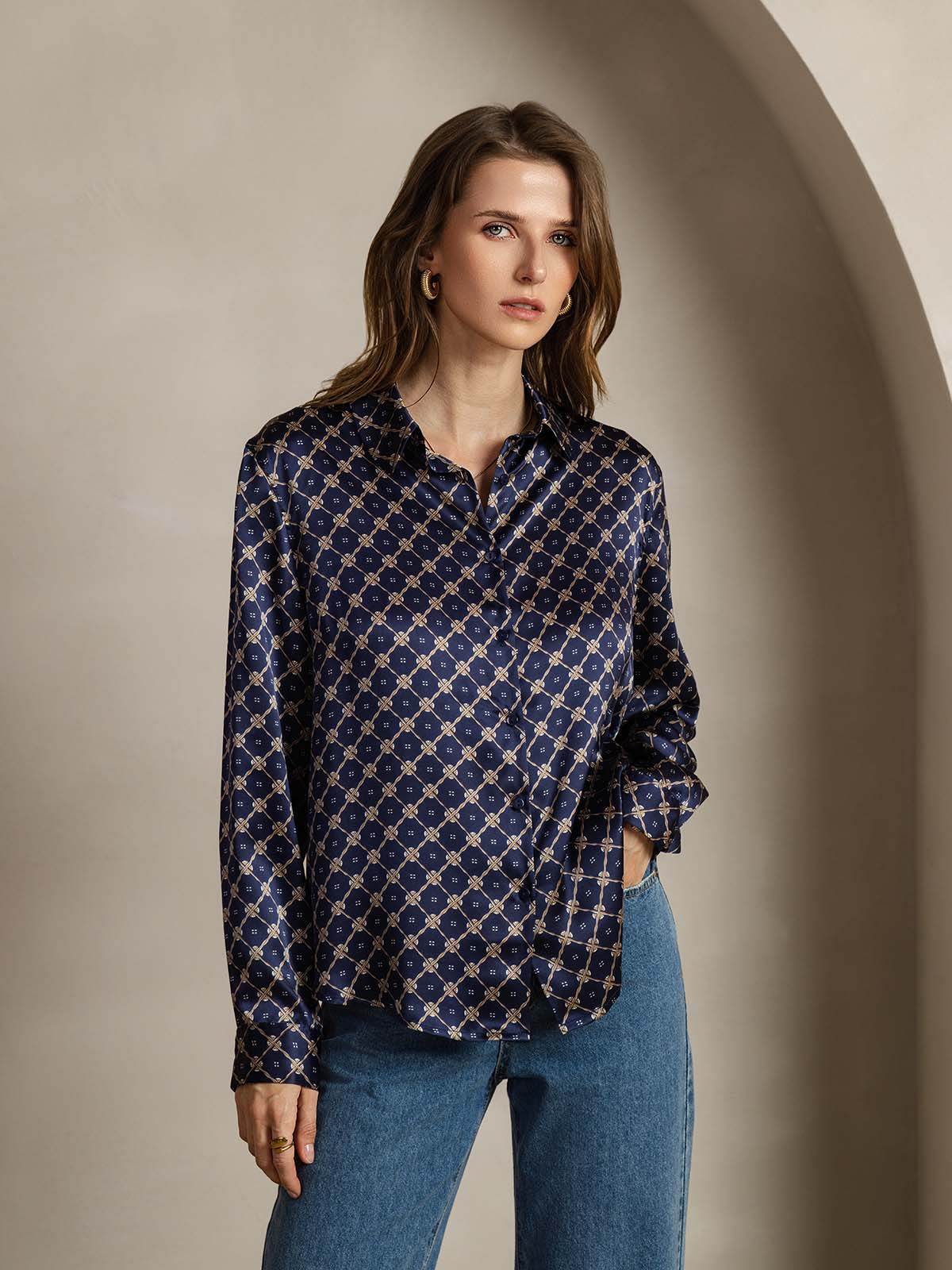 19Momme Silk Long Sleeve Lapel Collar Women's Shirt with Button Up Design