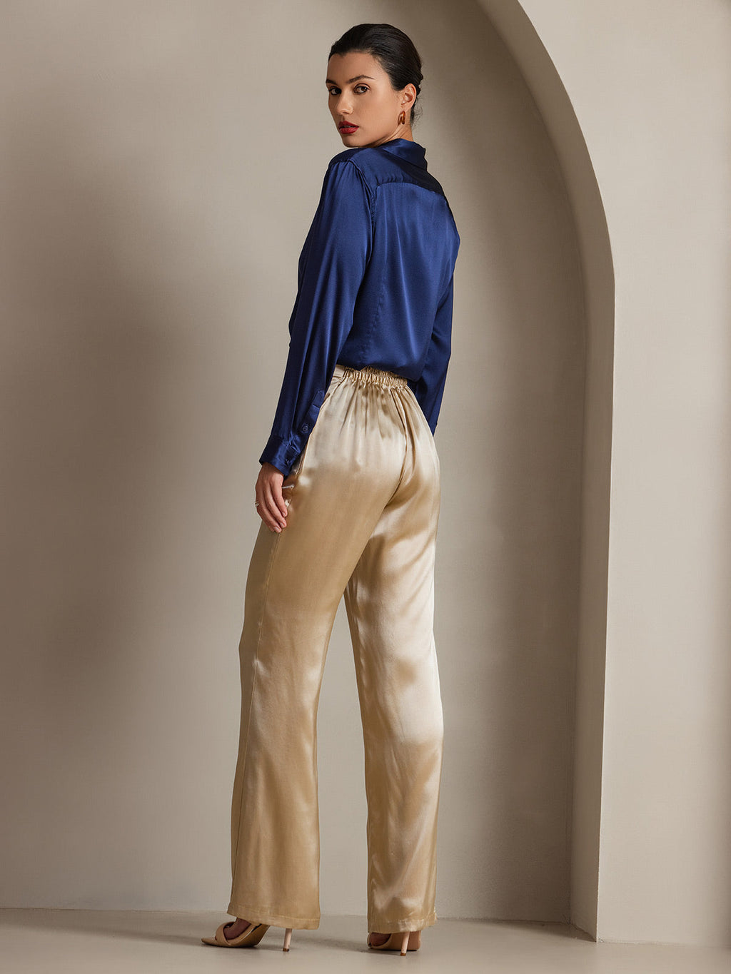 19Momme Silk Long Sleeve Lapel Collar Women's Shirt with Button Up Design